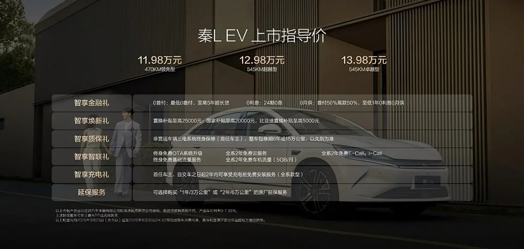 后驅平權+智駕平權！比亞迪秦L EV上市售價11.98萬元起